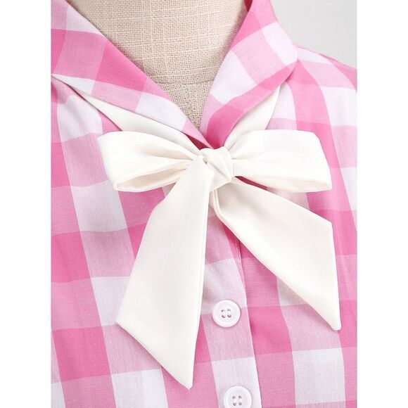 💗 NEW Pinup Retro Rockabilly 1950s Collar Bow Pink Plaid Tea Dress w/Belt XXL - Picture 7 of 16